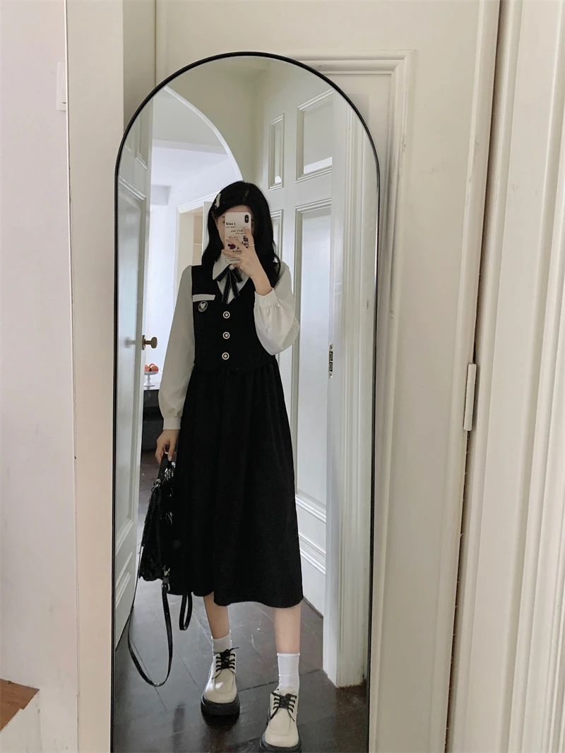 大码法式学院风通勤气质假两件连衣裙2023秋冬微胖妹妹A字裙