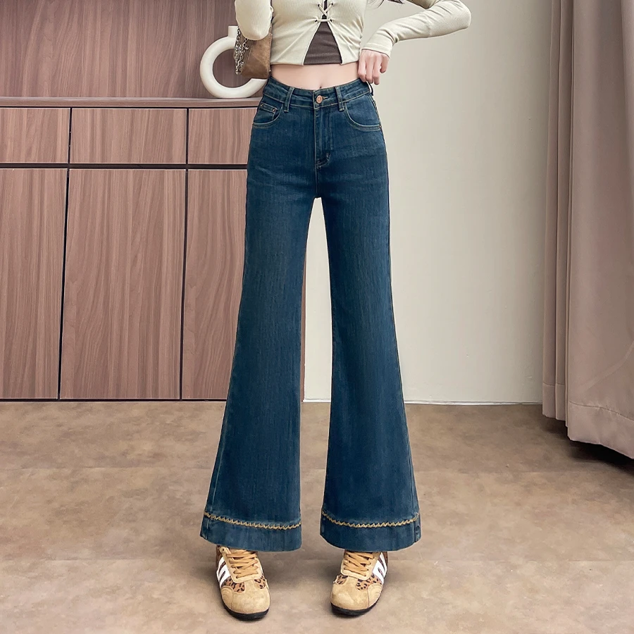 岚霜八九分小个子微喇牛仔裤女冬季2025新款高腰显瘦百搭加绒裤子