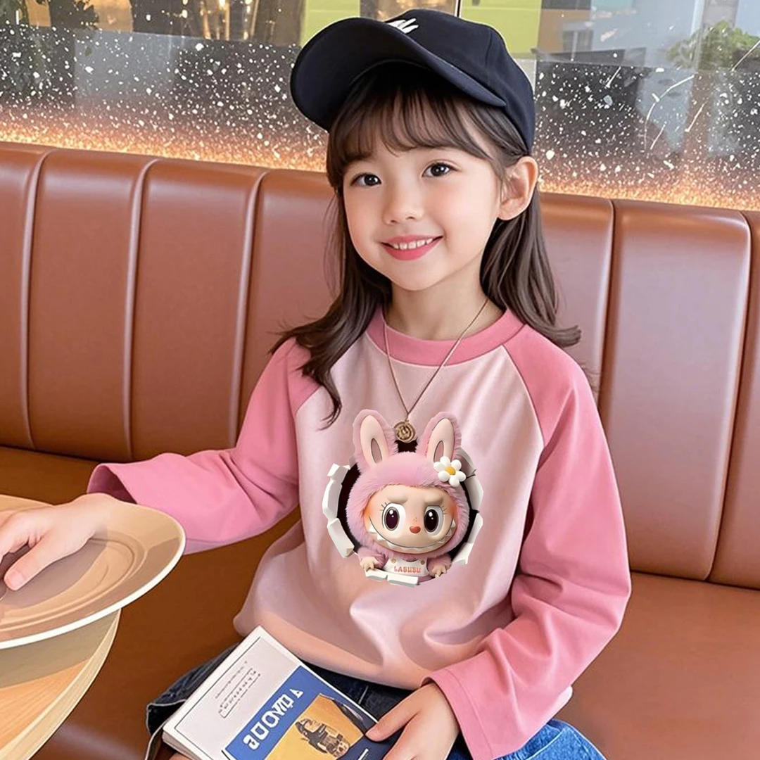 纯棉儿童拉布布撞色t恤女童洋气上衣大童长袖打底衫2025春秋新款