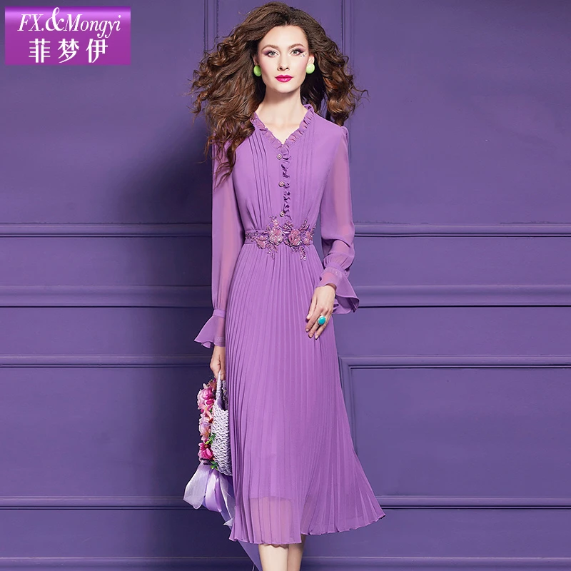 菲梦伊木耳边乔其纱连衣裙女喇叭袖春季气质收腰海边裙子62219