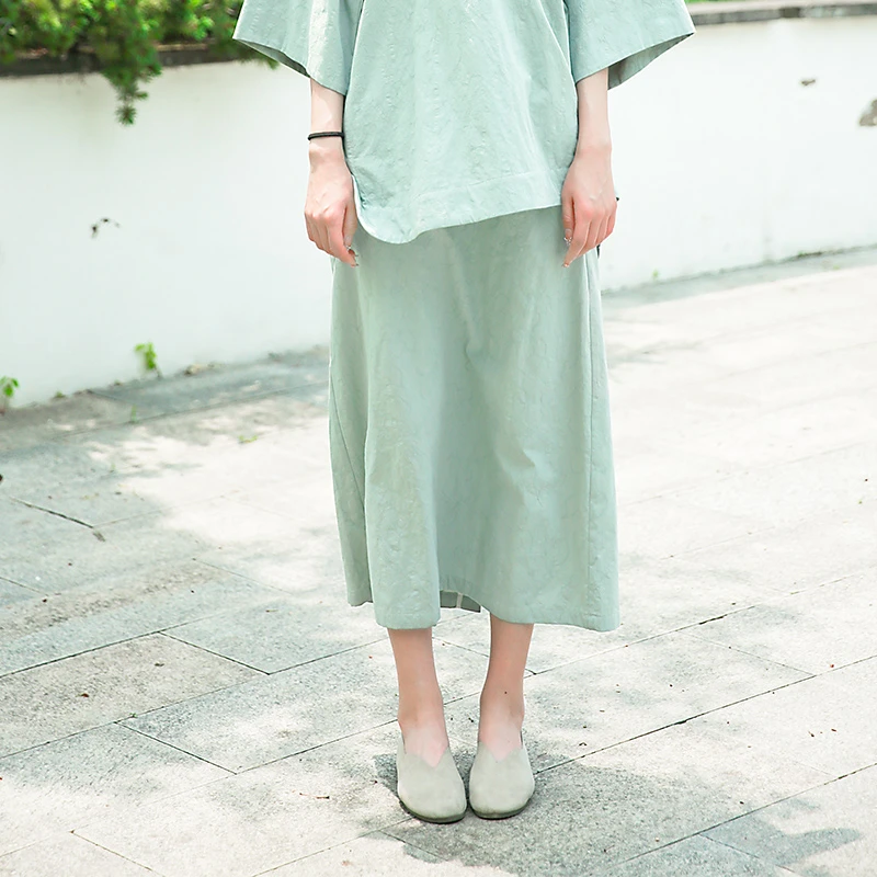 6725纯色唐装松紧腰半身裙文艺复古日常休闲宽松中长款中高腰长裙