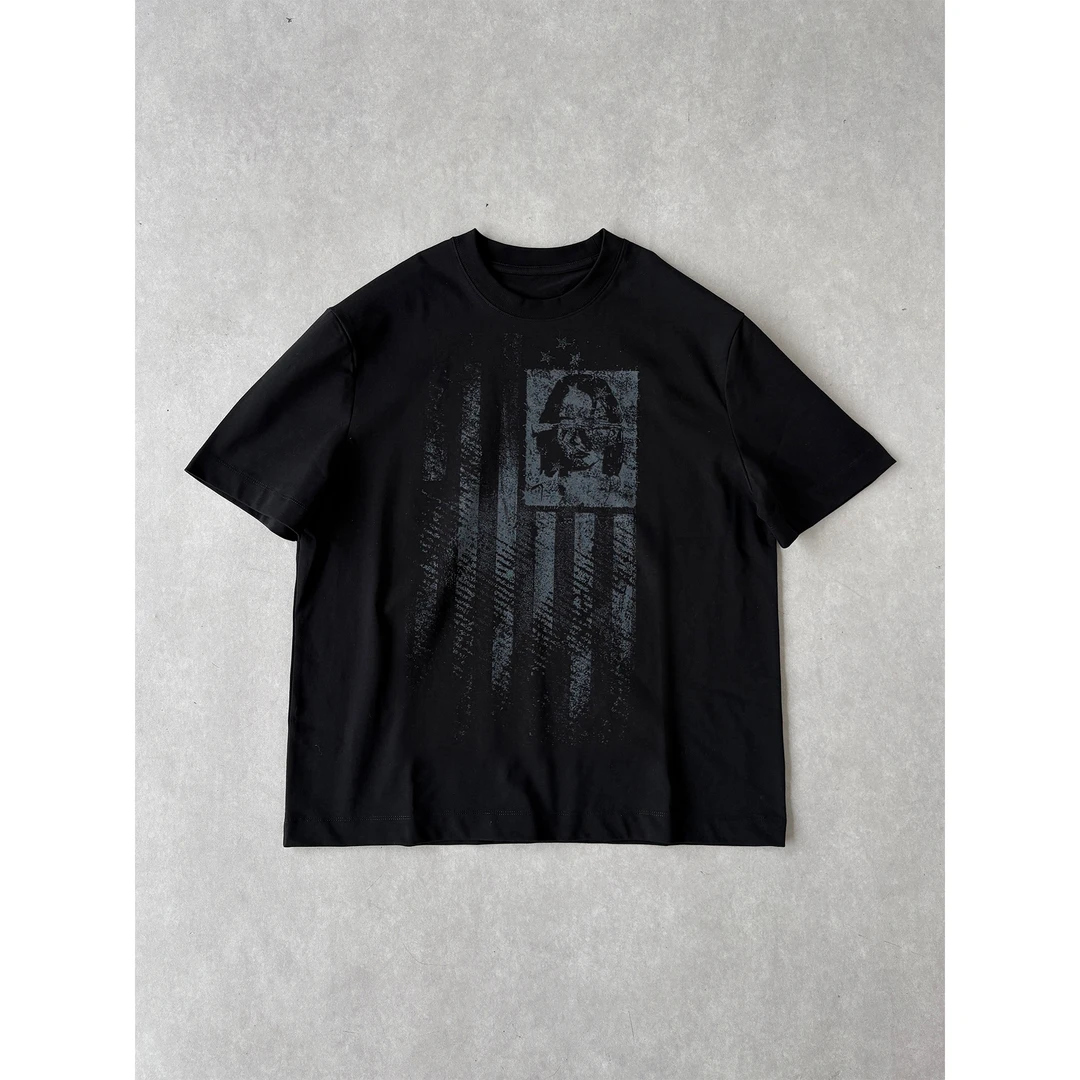 H1c 反战旗帜*做旧渐斑驳印花270g纯棉短袖 短宽Boxy/小领口