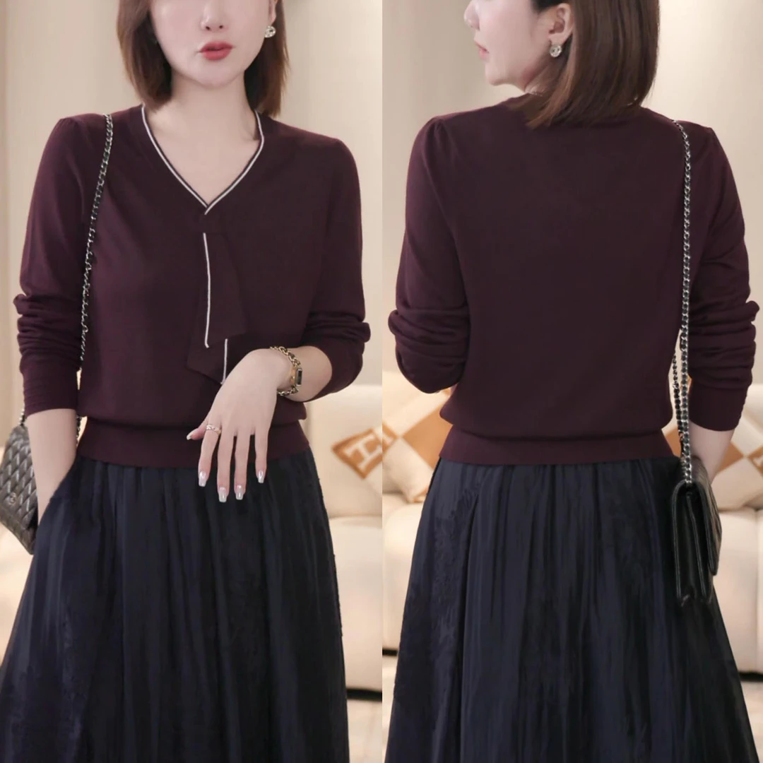 时尚撞色V领飘带长袖针织衫女2025秋季新款气质显瘦百搭休闲上衣