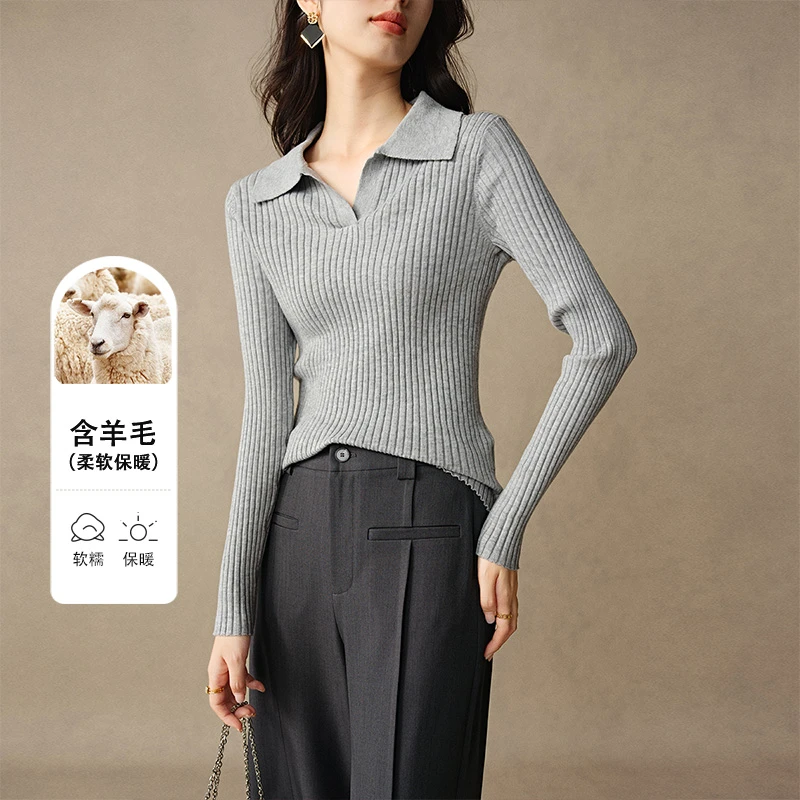 晚白【新品】2025春毛衣翻领含针织衫女24102342
