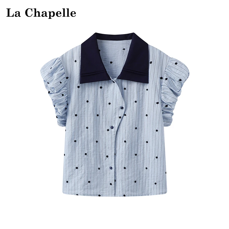 拉夏贝尔法式甜美减龄撞色翻领不规则门襟刺绣圆点短袖衬衫女夏装