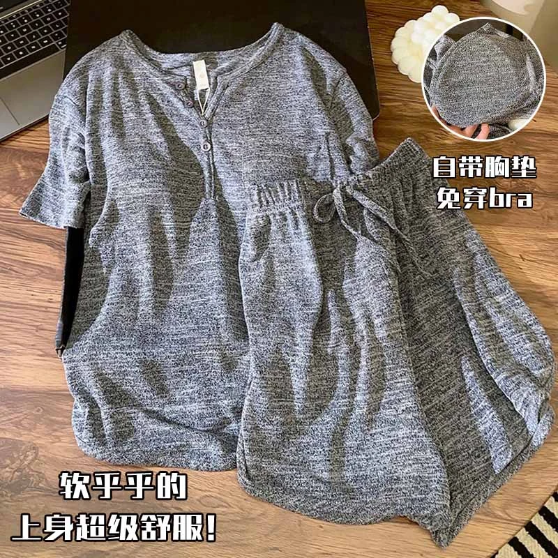 慵懒灰色睡衣女夏季短袖薄款带胸垫一体式休闲宽松学生家居服套装