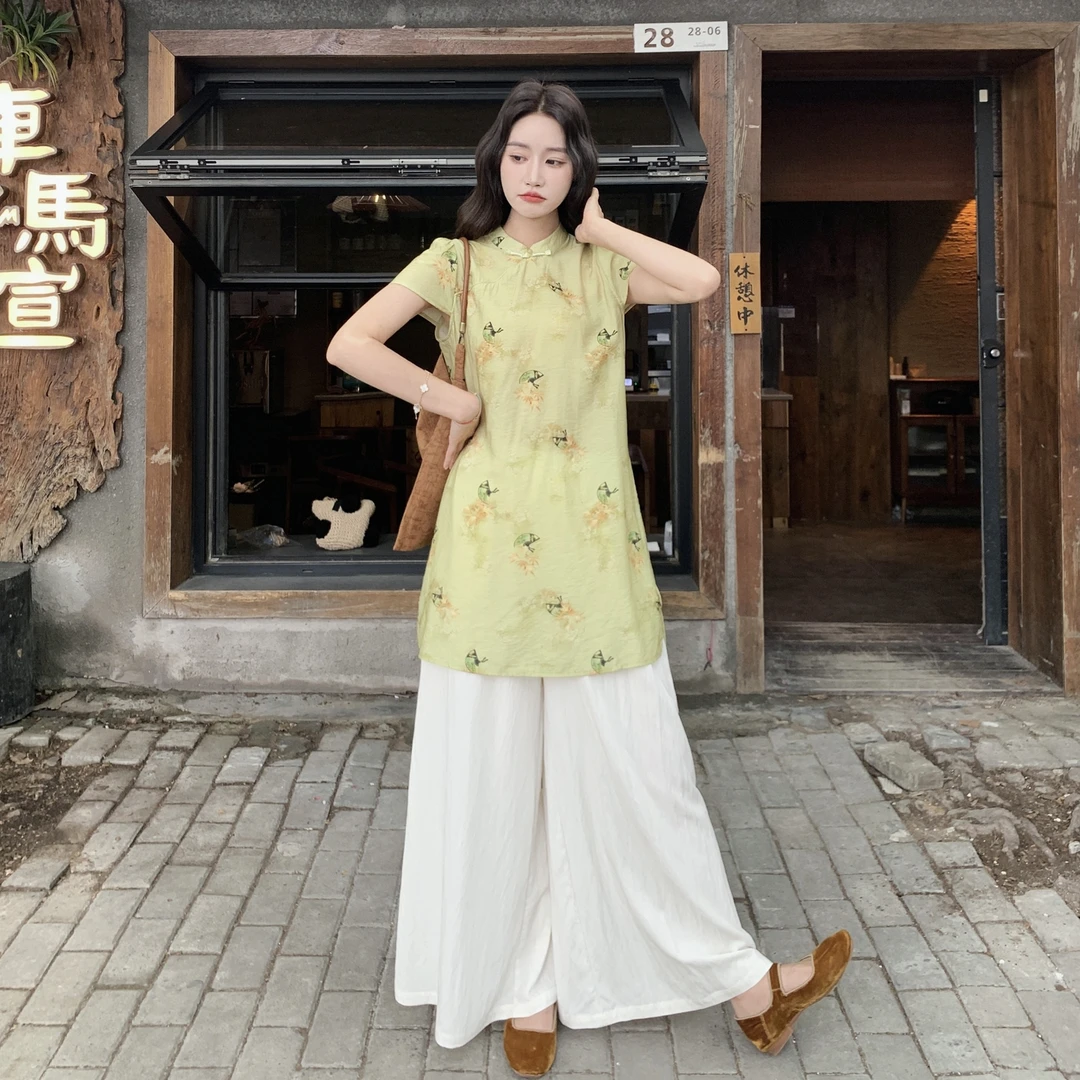 新中式国风旗袍上衣套装女2025夏季新款气质复古休闲阔腿裤两件套