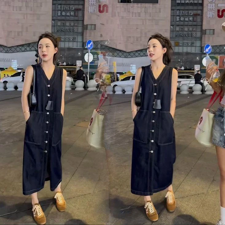 美式复古气质时尚连衣裙女装2025夏季新款小个子文艺背带长款裙子