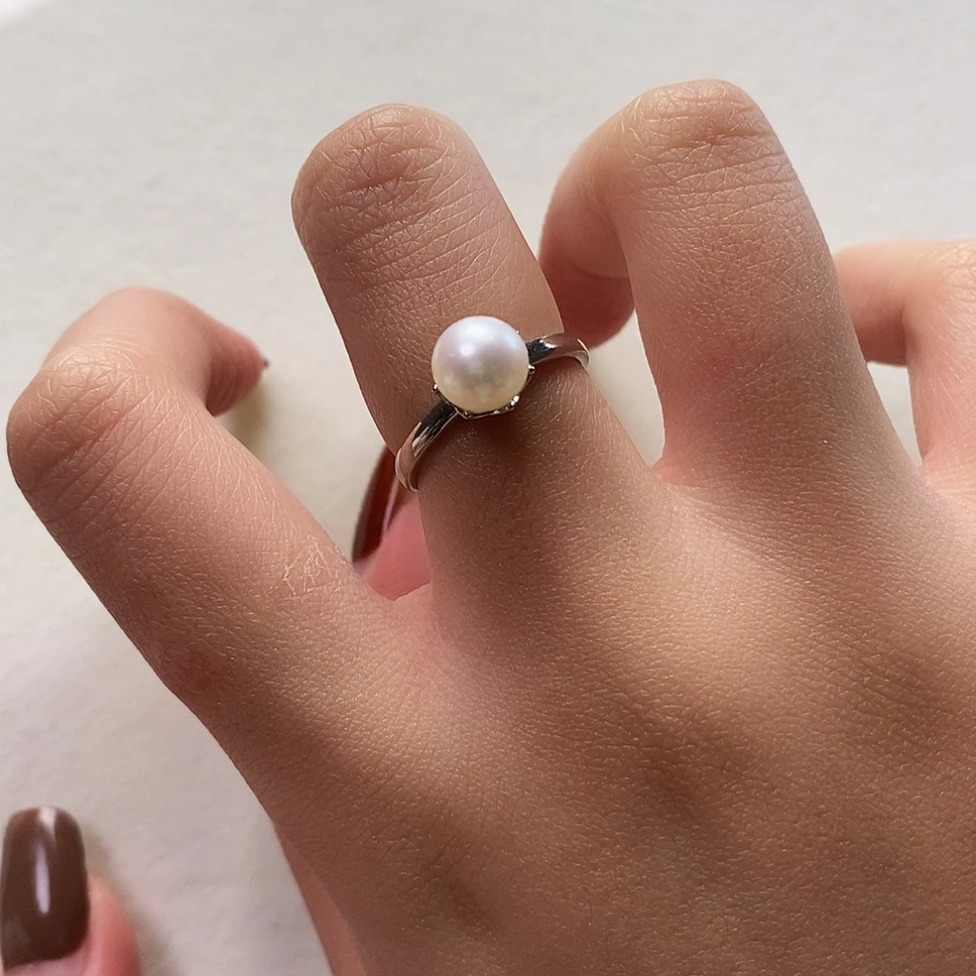 银S925镶嵌淡水珍珠戒指7-8mm