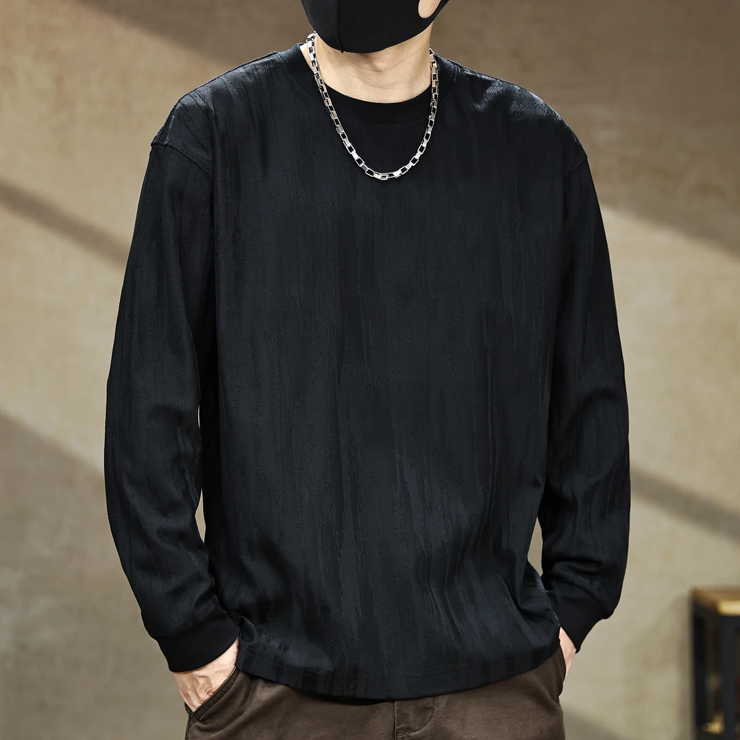 高端树皮肌理感长袖T恤男秋季新款潮牌宽松圆领休闲上衣质感体恤