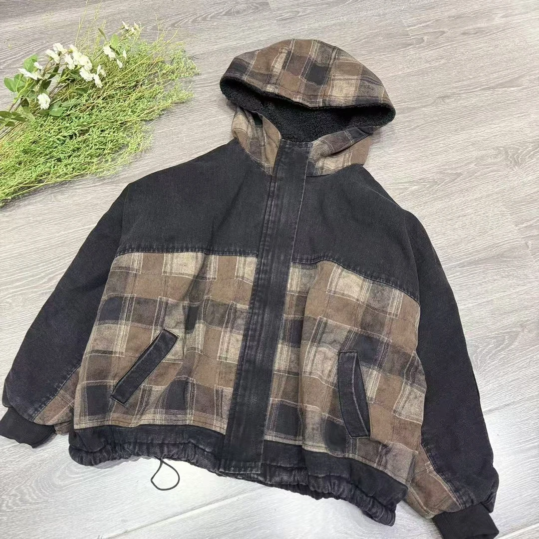 7952新款秋冬加厚休闲百搭格子减龄连帽上衣棉服
