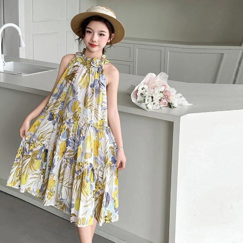 女童连衣裙夏装新款大童女孩无袖碎花吊带裙子儿童装洋气夏季