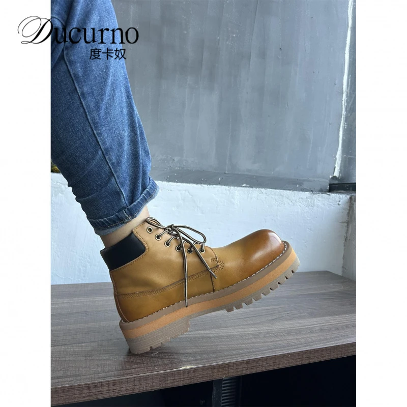 2025厚底高端手工大黄靴增高百搭型男工装短靴男鞋男士行政通勤鞋