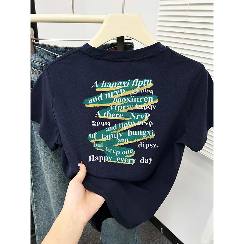 潮牌字母前后印花正肩短袖T恤女夏装美式街头圆领休闲设计感上衣