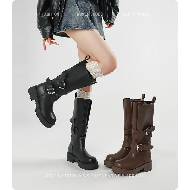 大筒围厚底高筒骑士靴女胖mm秋冬粗腿长筒靴朋克机车靴子女大码41