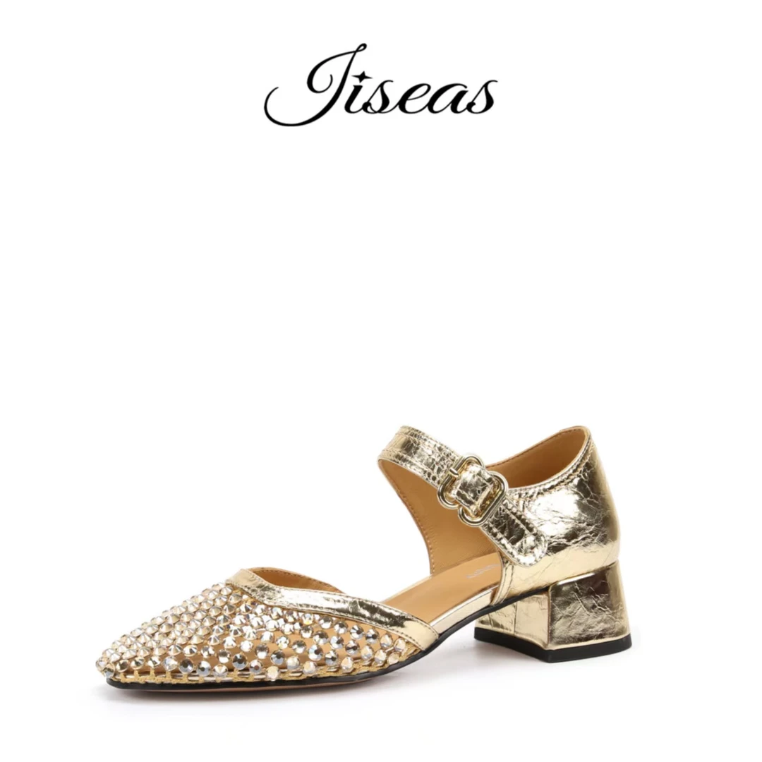 单鞋水钻圆头胶粘浅口高跟鞋纯色透气玛丽珍鞋15A3092/15A3095