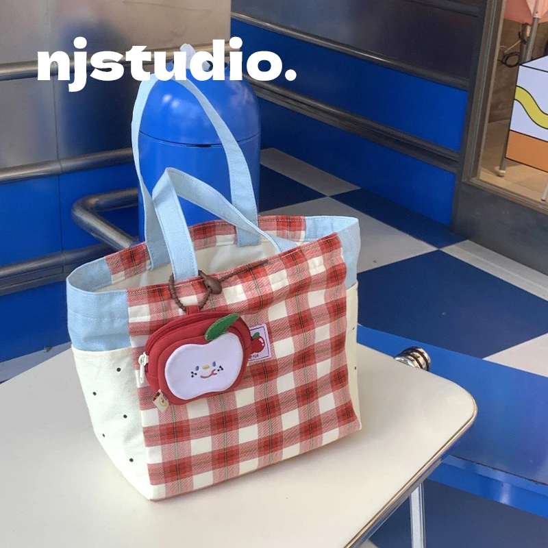 原创上班手提便当包女生ins风多口袋大容量帆布包格子上课饭盒袋