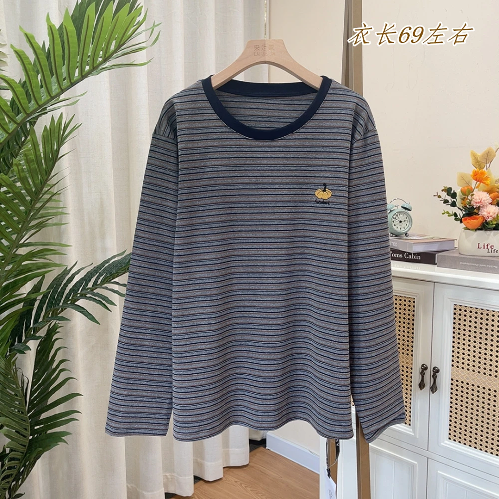 休闲百搭显瘦刺绣小南瓜条纹打底衫上衣T恤