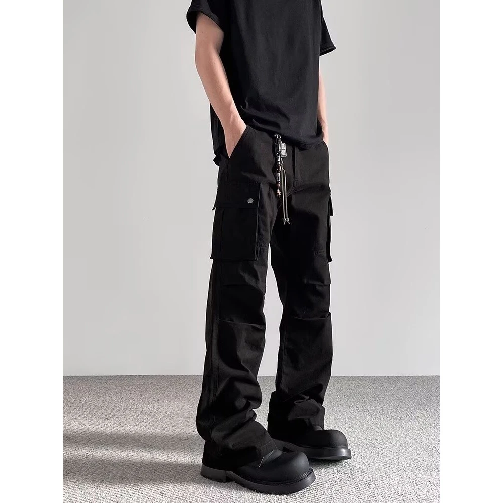 高街vibe褶皱伞兵工装裤男春秋季美式复古多口袋直筒微喇休闲裤子