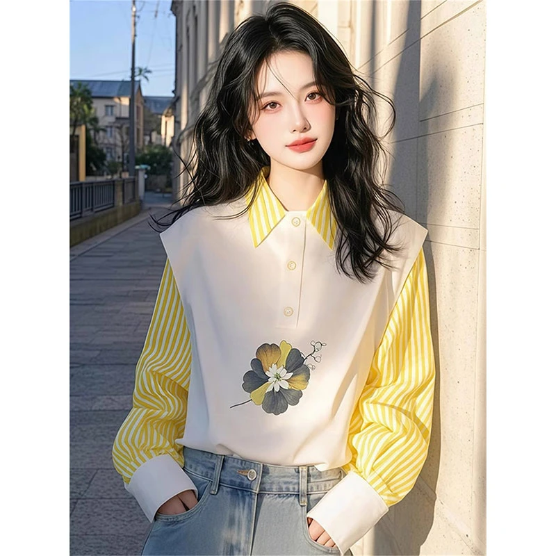 财阀千金女装春季洋气设计感撞色条纹拼接印花polo领假两件衬衫