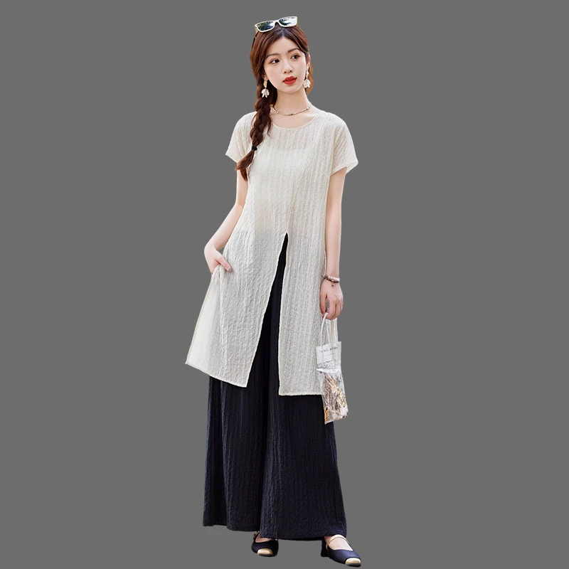 十三行高端套装女2025夏季新款洋气遮肉开叉阔太太阔腿裤裙两件套