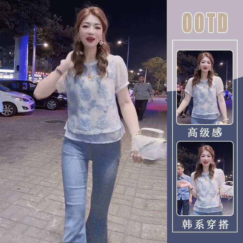 新中式国风重工刺绣圆领泡泡袖上衣2025夏时尚短袖小衫牛仔裤