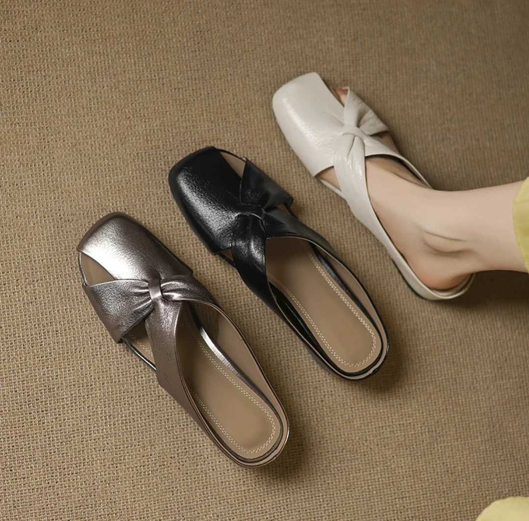 【工厂直销】4cm,春夏新款内增羊皮包头拖半拖鞋女百搭真皮外穿凉拖