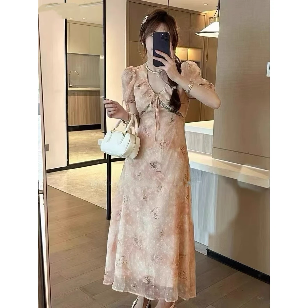 新款大码8533法式时尚洋气收腰显瘦印花系带V领连衣裙