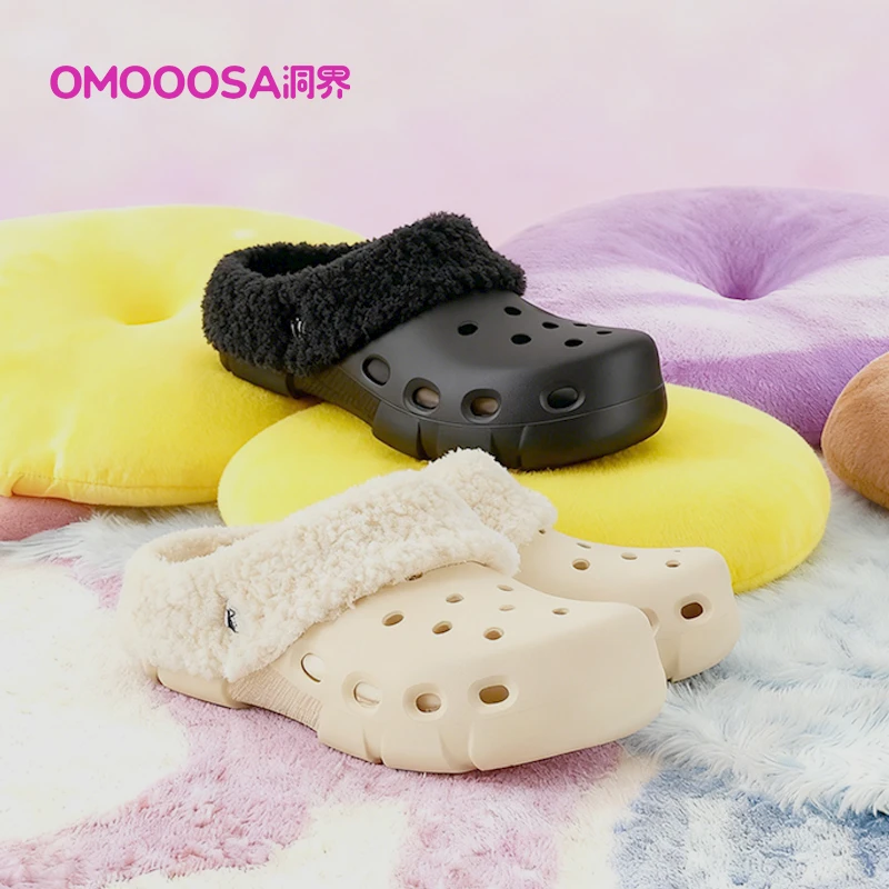 OMOOOSA洞界经典画布洞洞鞋双层复合绒女鞋外穿保暖拖鞋-ZB