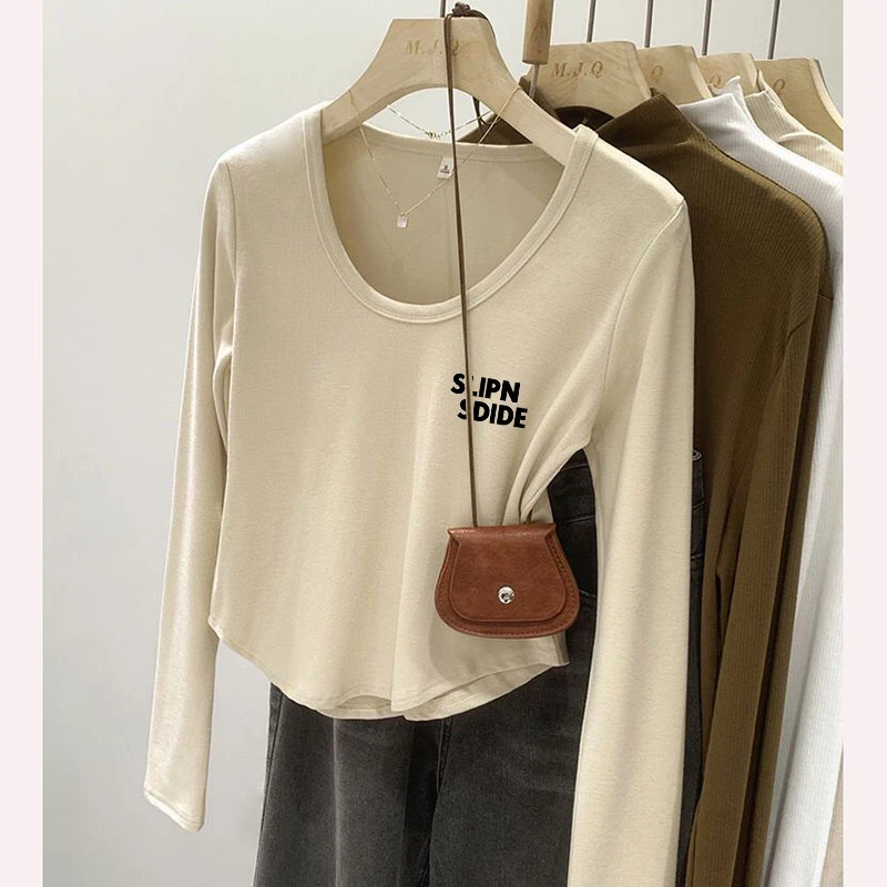 2025新款U领春季低领小个子高级修身内搭短款长袖t恤女打底衫上衣