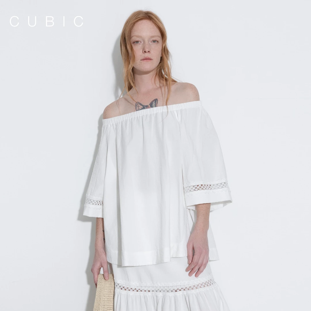 CUBIC 成长手记 波嬉都市风镂空蕾丝拼接两穿领一字肩中袖T恤