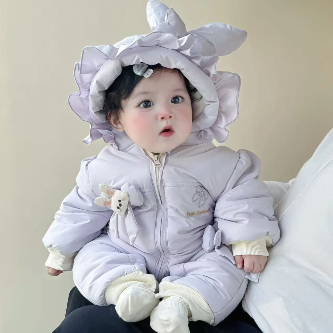 女宝宝新款甜美加厚连体衣冬季婴幼儿可爱棉服长袖周岁加厚外出服