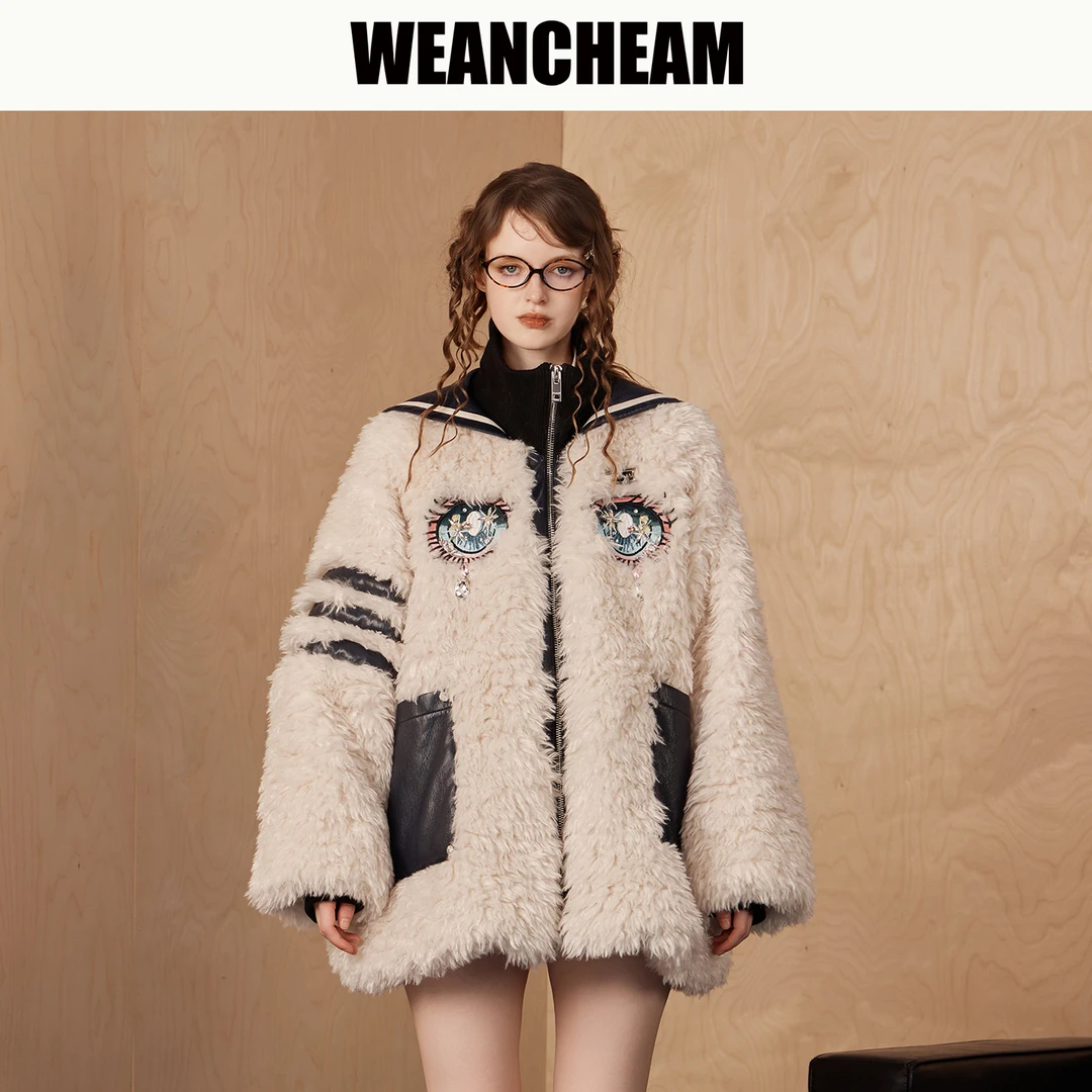 WEANCHEAM未未姆秋冬女装时尚毛茸茸穿搭海军领上衣外套W16QDT019
