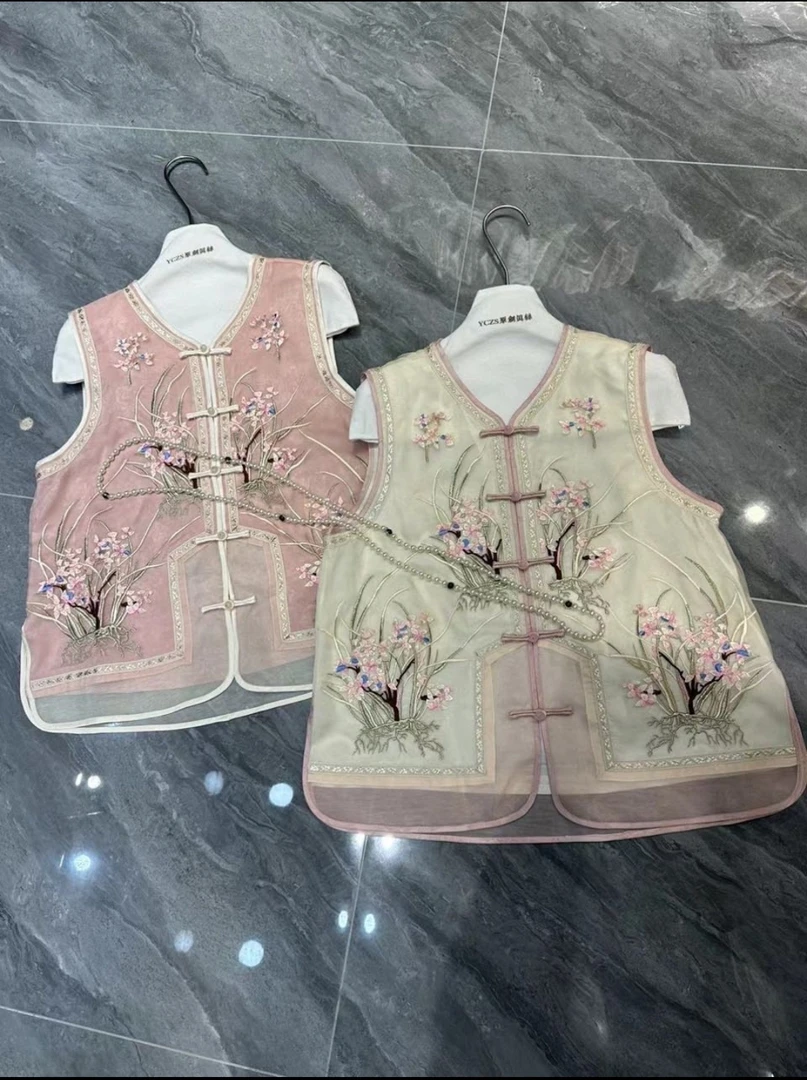 【素千玺】绣花植物花卉桑蚕丝常规款刺绣工字型国风马甲  Q003