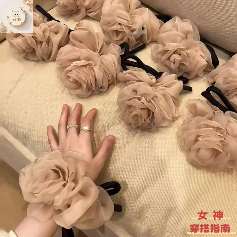 春夏季超仙网纱玫瑰花发圈女高级感扎发头绳皮筋低马尾发饰头