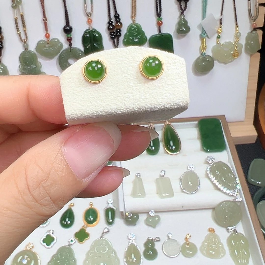 银S925镀金镶嵌和田玉（碧玉）耳饰