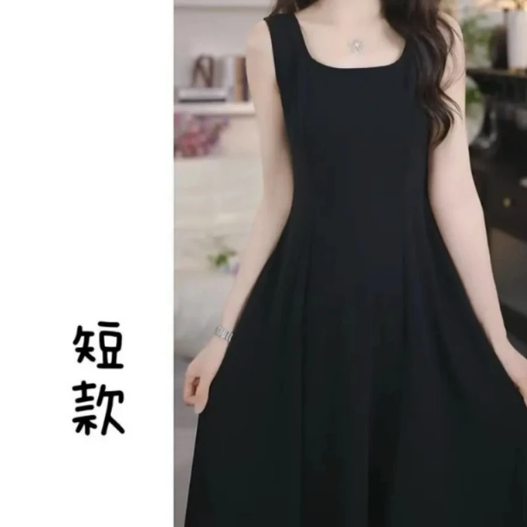 DJ夏蝶妮法式赫本风气质显瘦U领背心裙女春夏款修身无袖A字裙