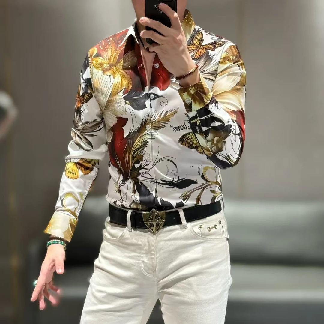 蝴蝶满花5D康利直喷奥钻点缀工艺微弹力面料新款衬衫82543