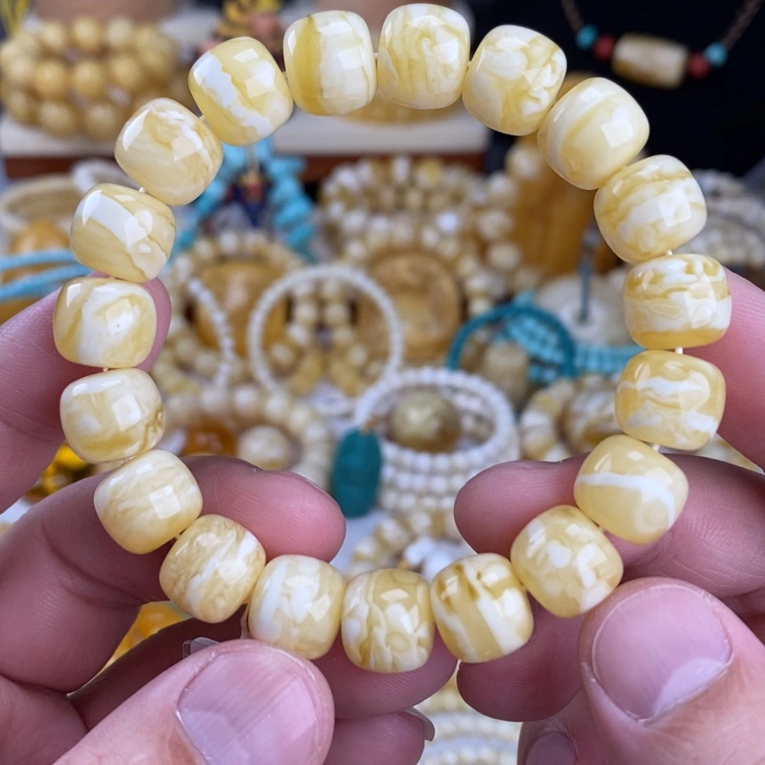 蜜蜡未镶嵌手链瓷白细纹白蜡虎皮纹12.5mm