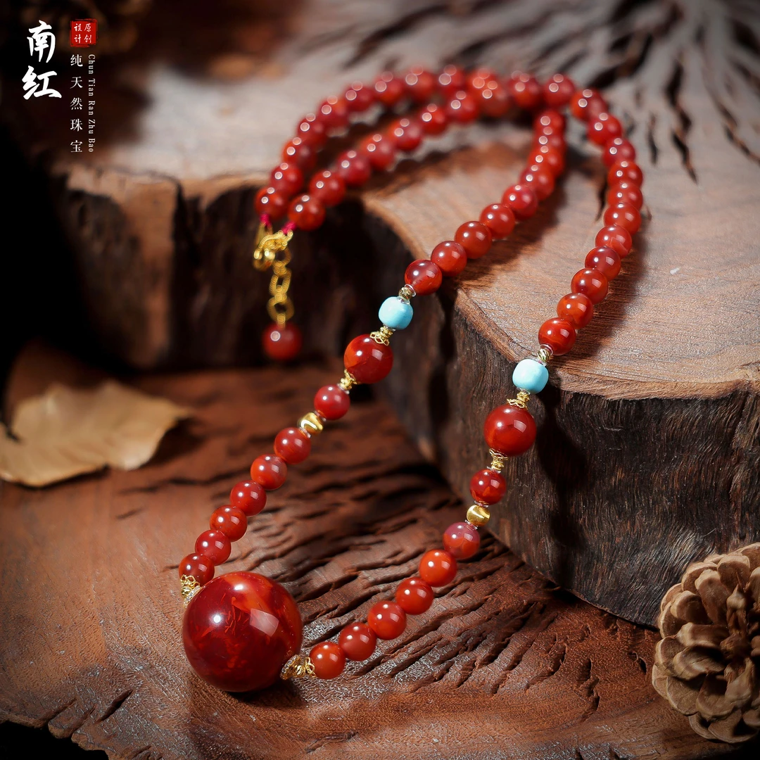 【桃总推荐】18k火焰纹南红圆珠项链@@ZY50717045