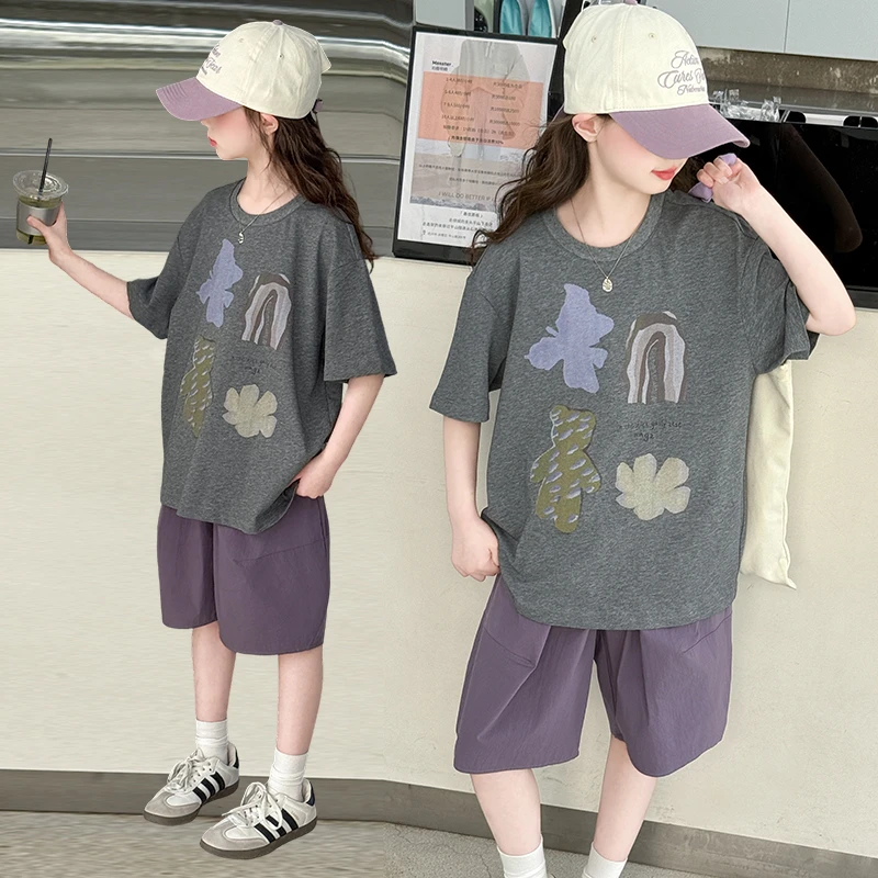 女童夏季套装2025儿童宽松短袖t休闲时髦中裤显瘦洋气女孩韩版薄T