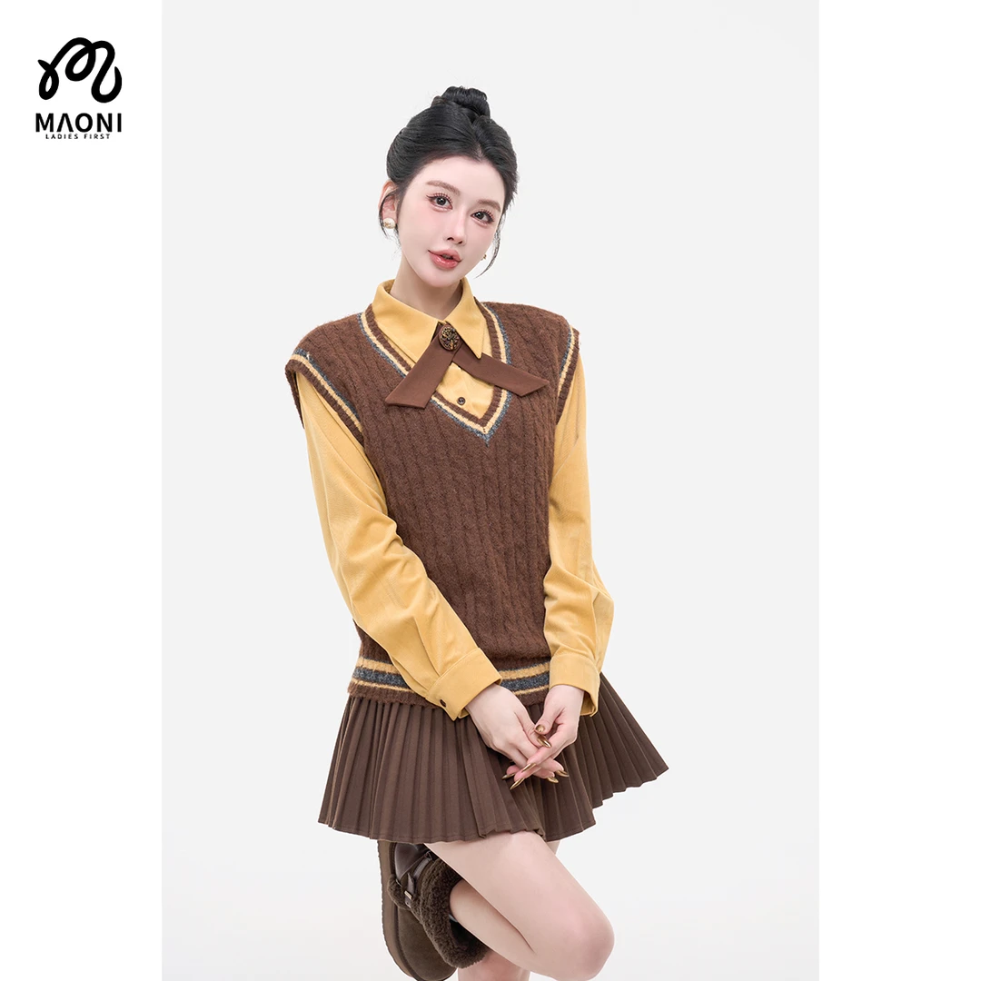 毛妮LADIEST学院风V领针织衫女秋新款修身叠穿针织衫L2527