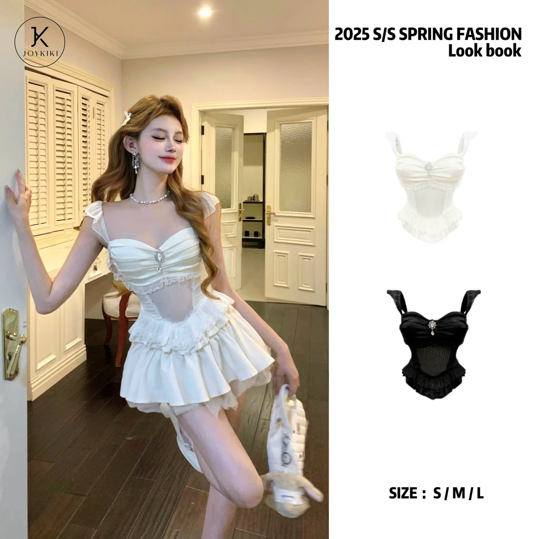 JOY KIKI鹅了么【甜梦芭蕾】夏季纯欲度假风拼接蕾丝上衣J25A433