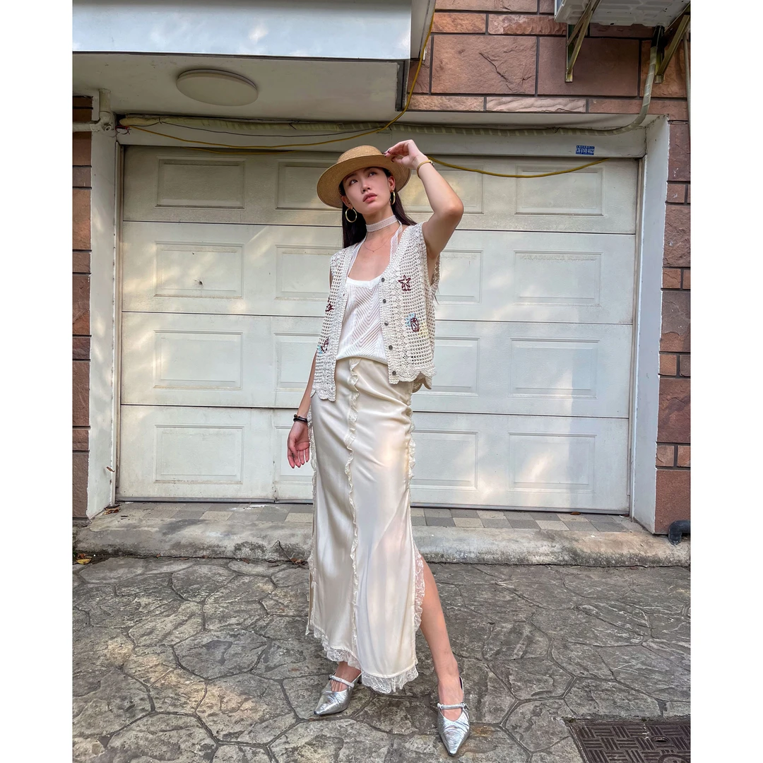 【桑蚕丝】桑蚕丝配蕾丝法式高腰半身裙