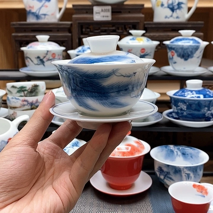 手绘孔雀翎盖碗120cc釉下彩微瑕福利款