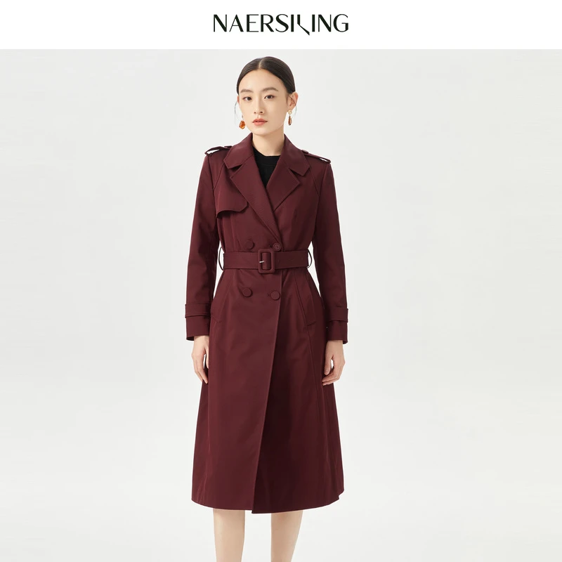 娜尔思灵三醋酸气质时尚收腰中长款经典双排扣风衣LJ00380A6