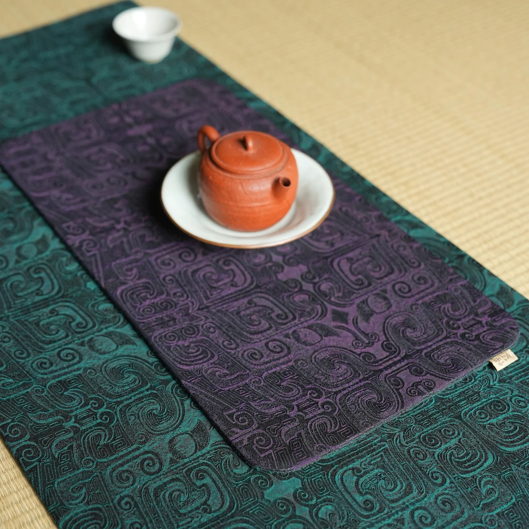 【青铜饕餮】幽绿幽紫双面香云纱干泡茶席隔热垫禅意茶具36*19cm