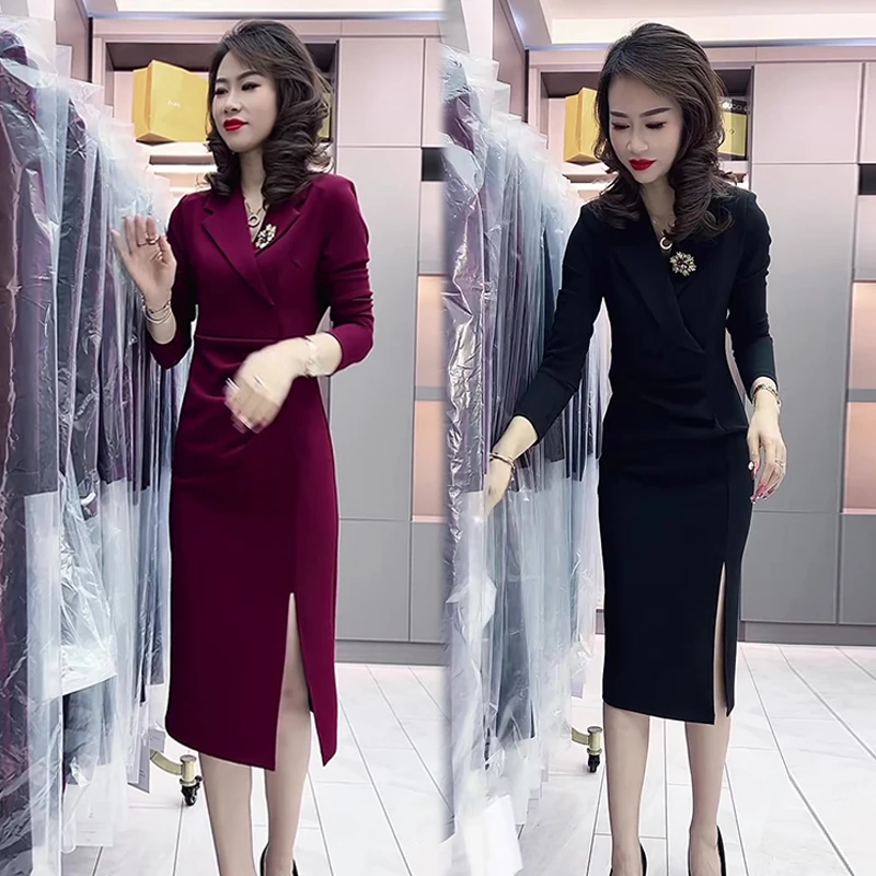 欧货2024秋季新款气质女神范高档连衣裙女时尚显瘦开叉设计感裙子