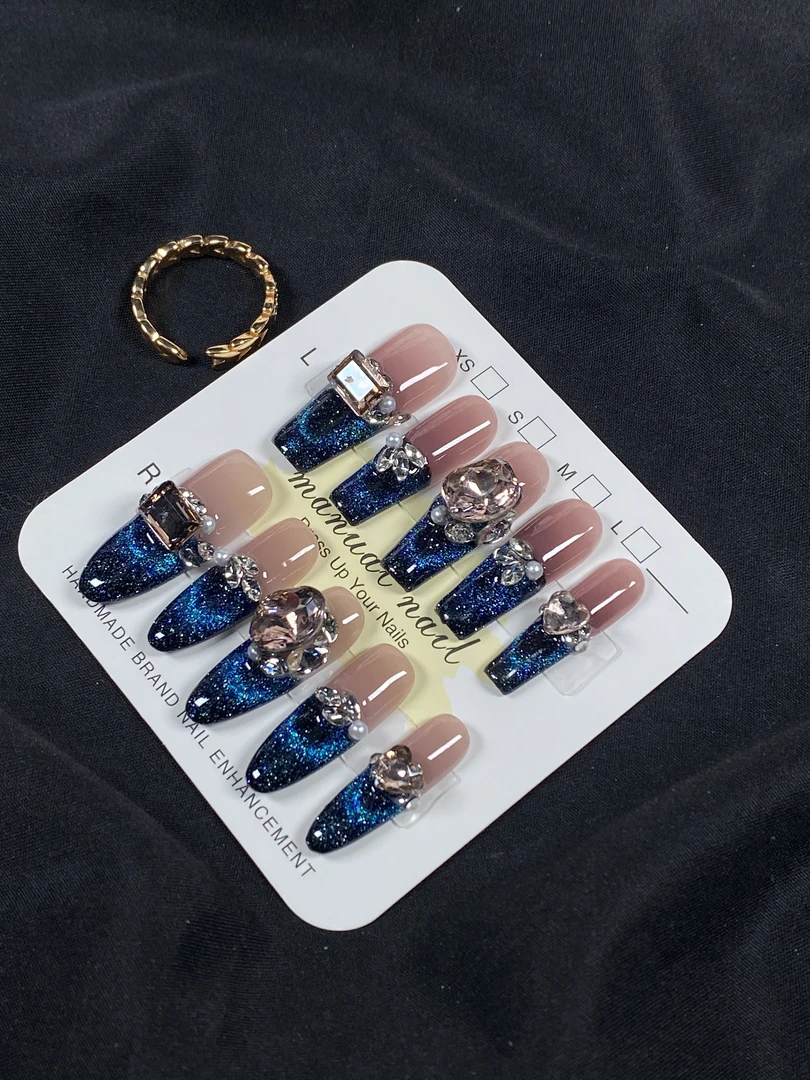 【梦星河】显白深色蓝猫眼气质百搭手工穿戴甲秋冬美甲高级感蓝色-1