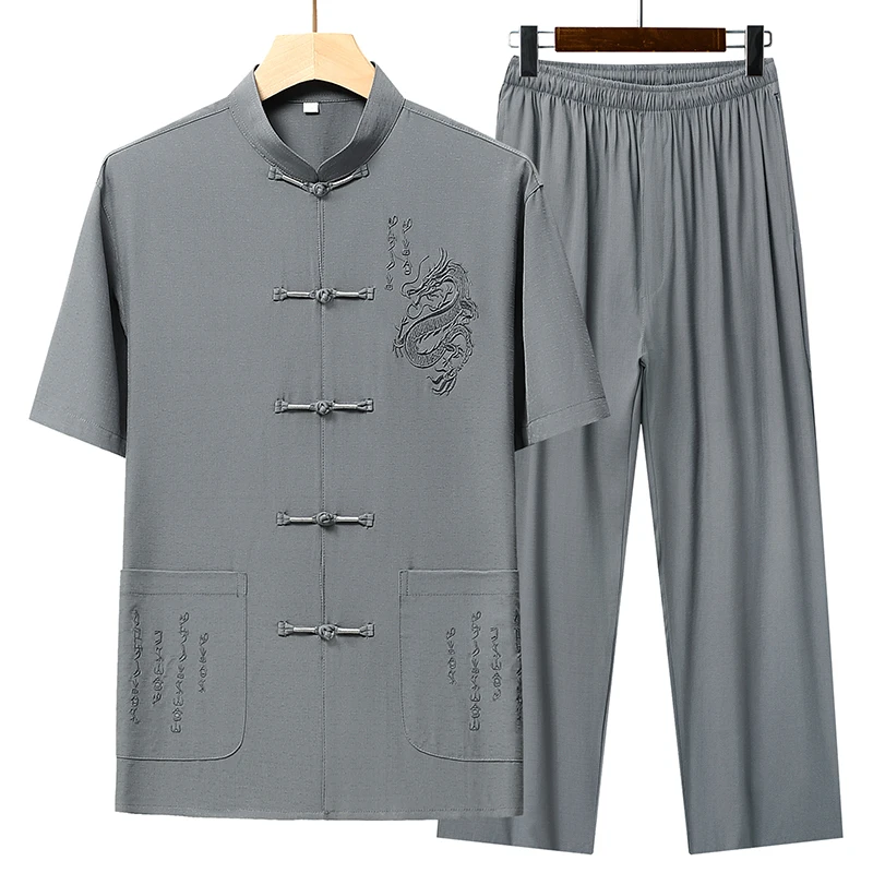 夏季薄款短袖唐装男中老年新中式国风60岁70爷爷薄款冰丝休闲套装